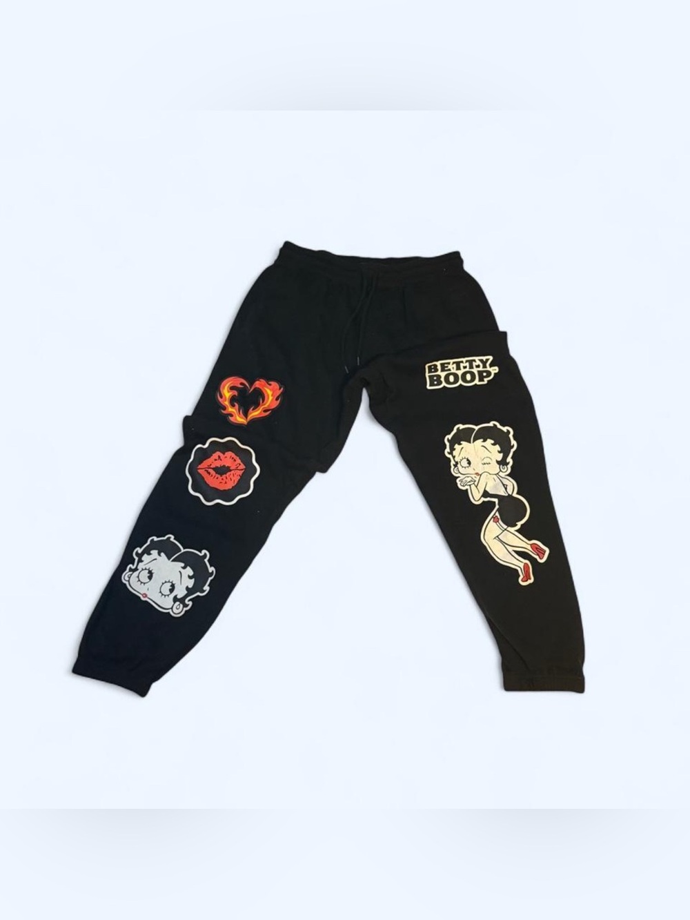 Betty Boop Black Jogger Sweatpants with Flame & Lip Graphics - Picture 1 of 6
